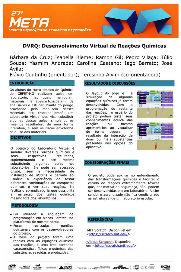 Pôster do DVRQ na 27ª META, com introdução, objetivos, metodologia e capturas de tela do laboratório virtual.