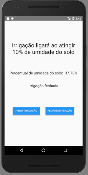 Tela do app: percentual de umidade do solo em 37,78%, irrigação fechada e os botões Abrir irrigação e Fechar irrigação.